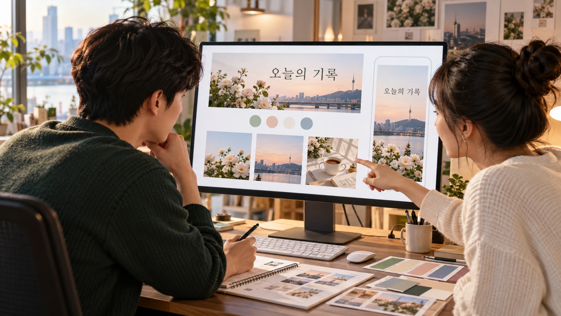 한글 제목과 색상 팔레트로 블로그 스킨을 편집하는 작업 화면
