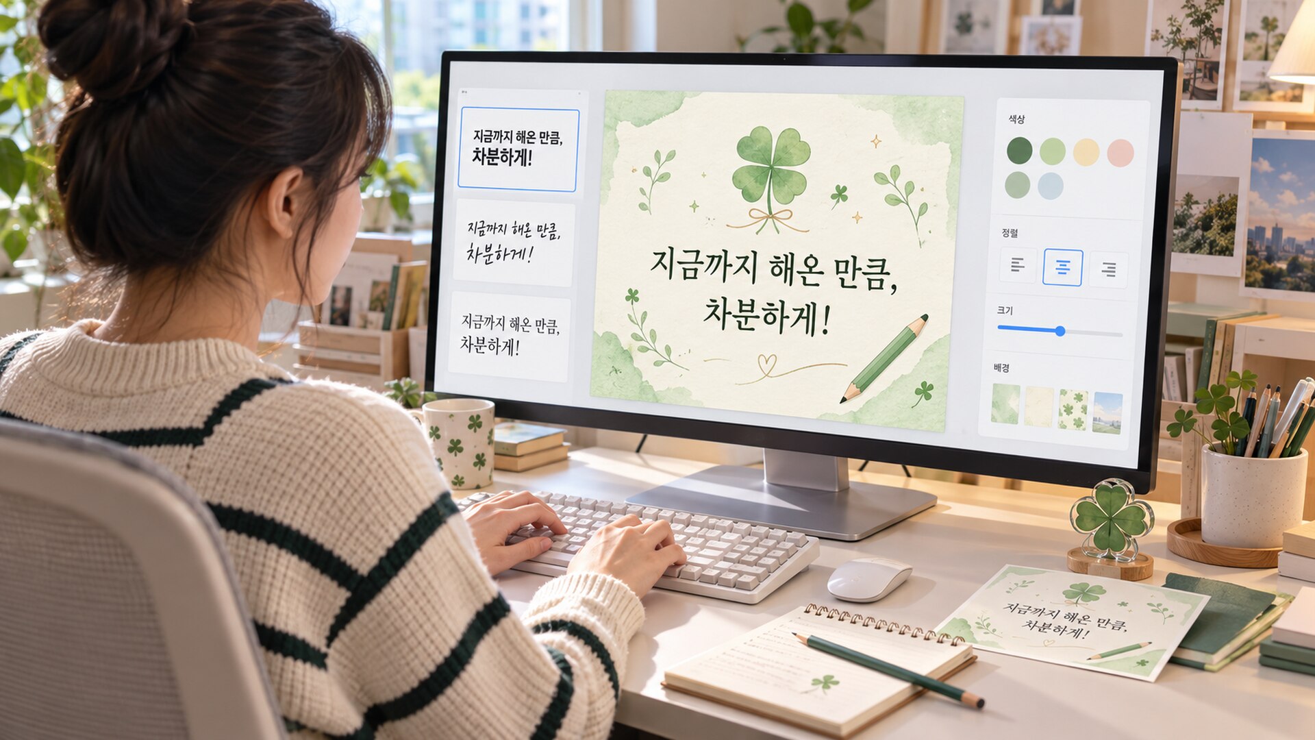 한글 수능 응원 문구를 편집하는 카드 작업 화면