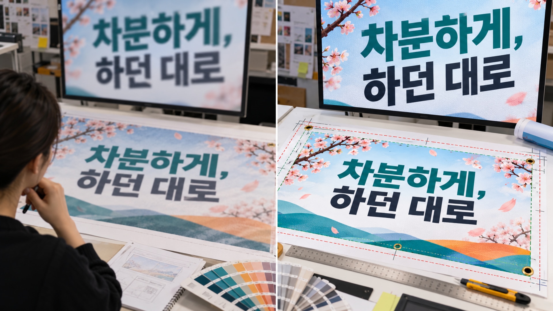 수능 응원 현수막의 한글 가독성과 인쇄 품질을 보정하는 작업 예시