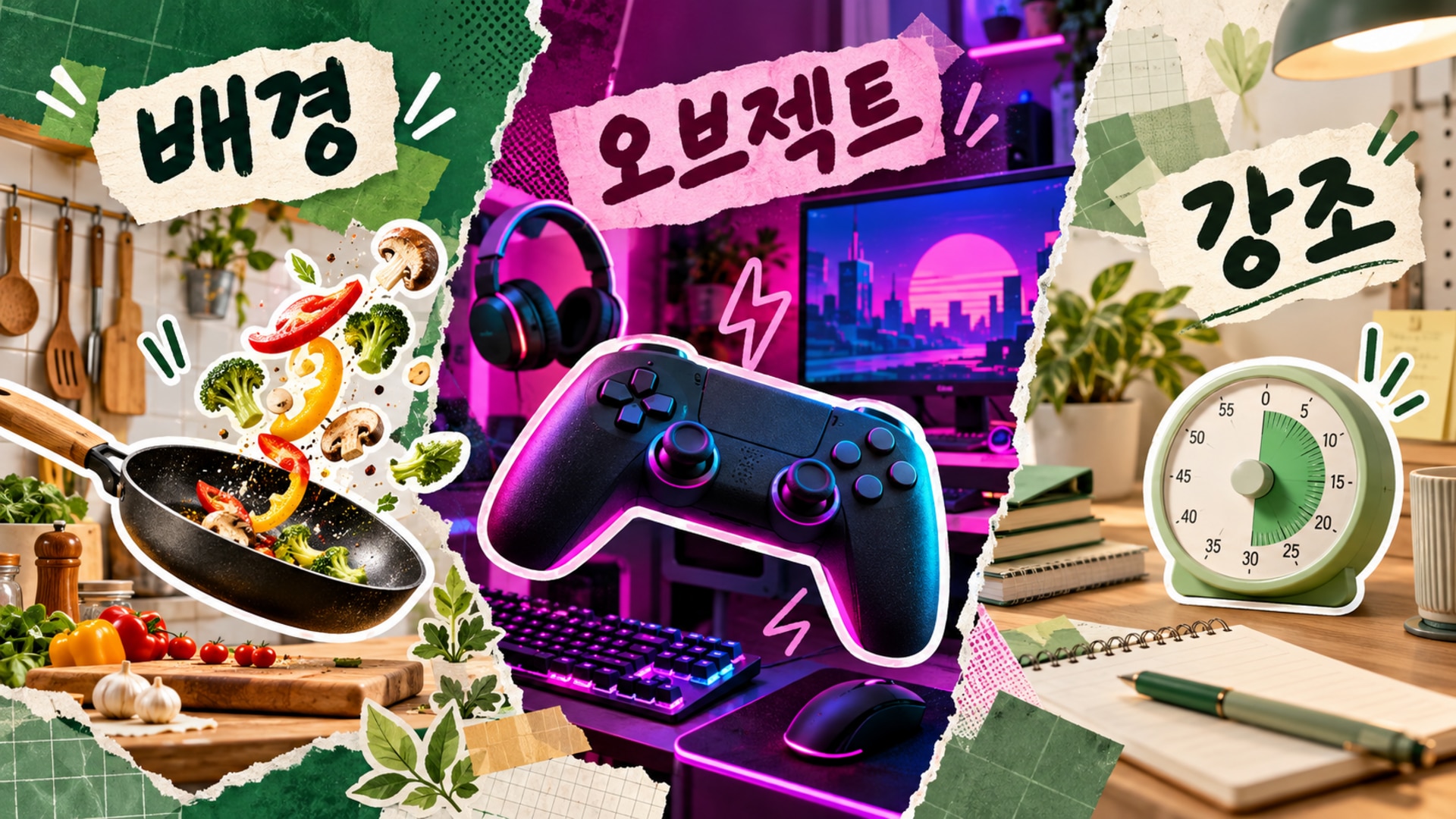 얼굴 없이 오브젝트와 배경으로 구성한 유튜브 썸네일