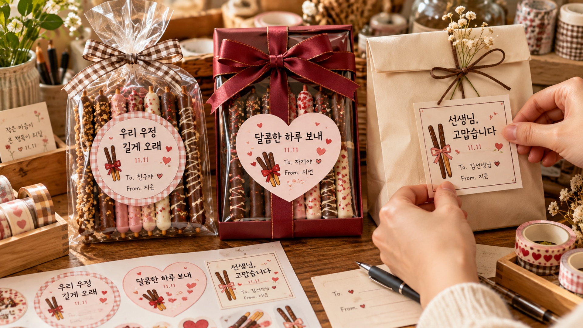 친구 연인 선생님용 빼빼로데이 한글 라벨과 선물 포장