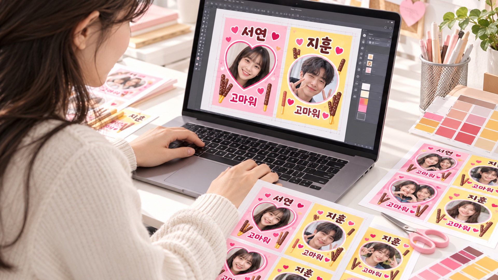 여러 장의 인물 사진으로 빼빼로 포토 커스텀 스티커를 편집하는 화면