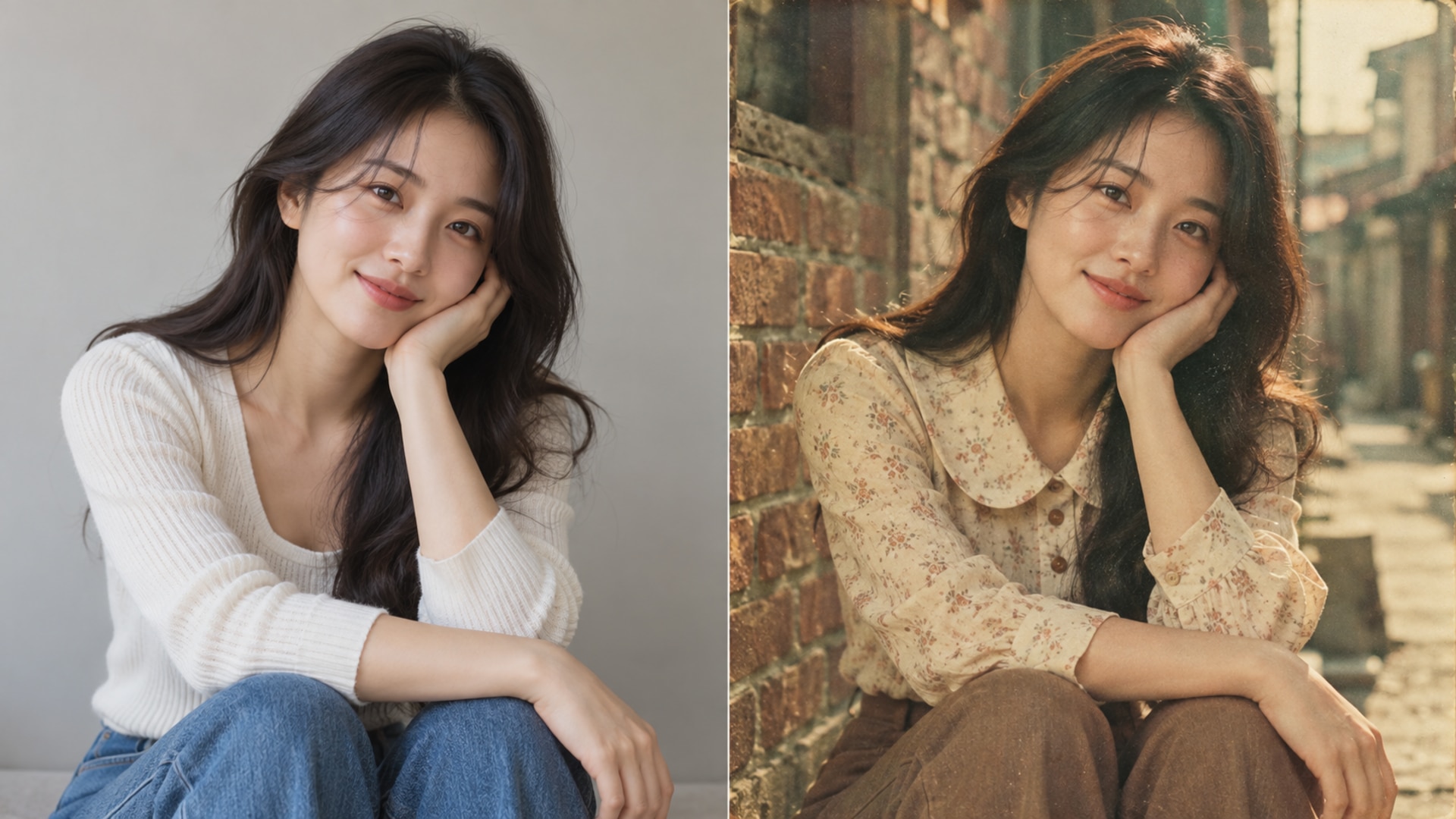 현대 인물 사진을 한국 1970년대 필름 사진으로 변환하는 전후 비교