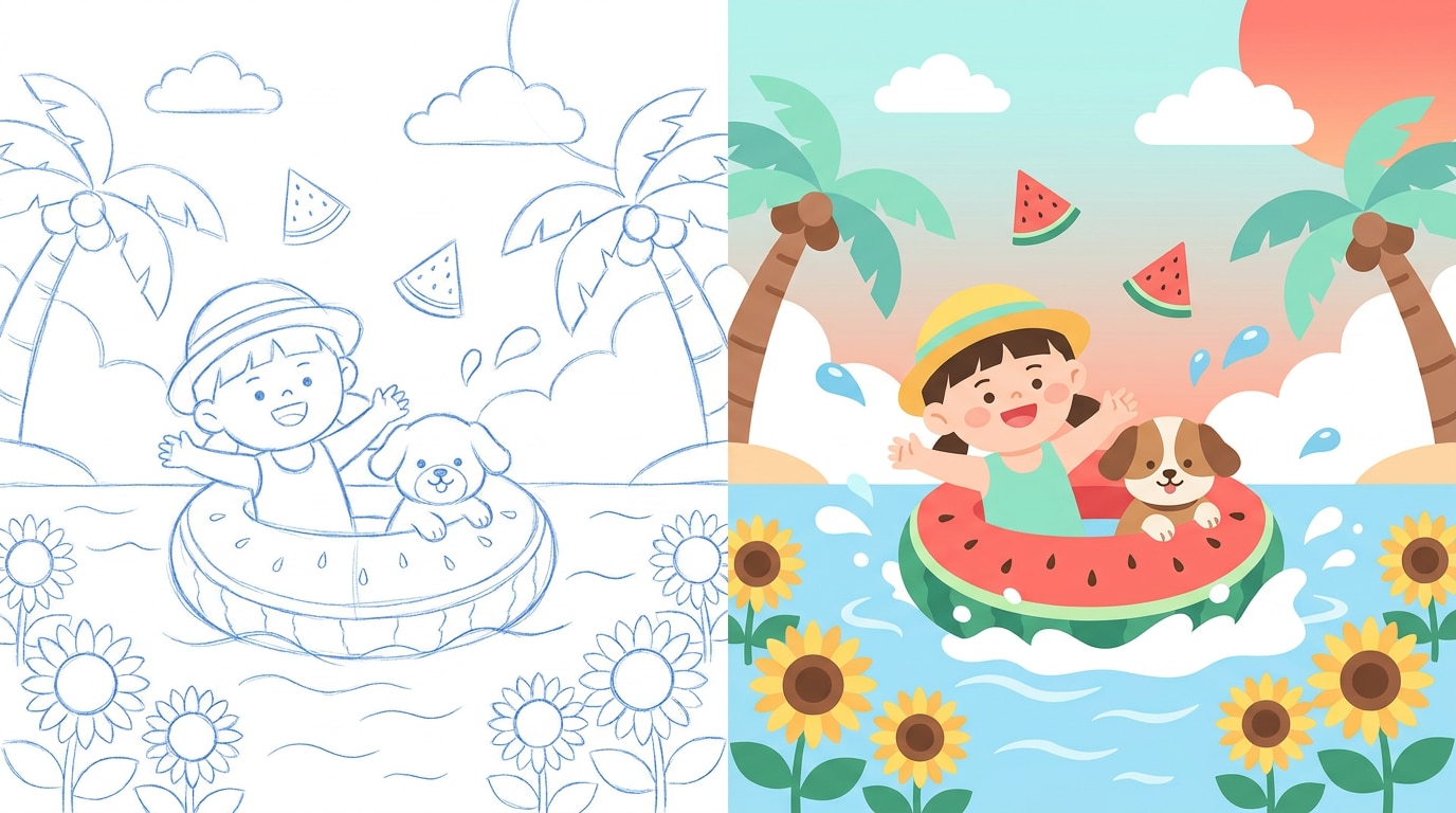 AI summer illustration generation with watermelon, beach and flowers
