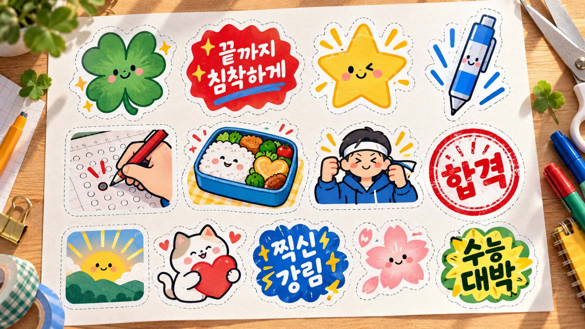 프롬프트로 생성한 한국 수능 응원 스티커 도안 모음