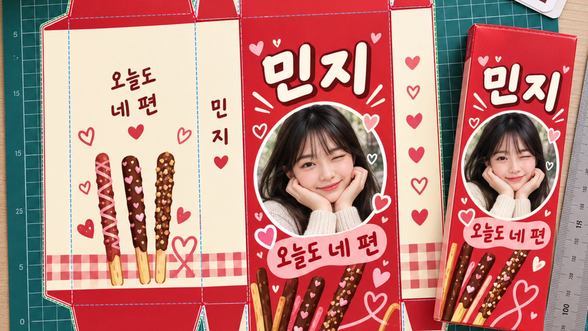 사진과 이름이 들어간 빼빼로 커스텀 상자 전개도 제작 화면