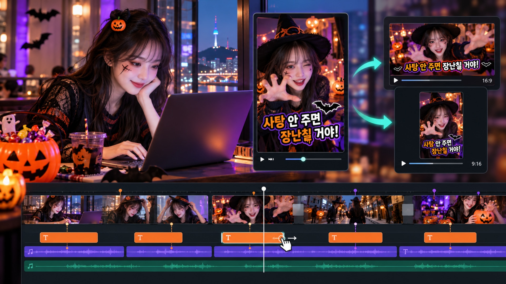 할로윈 자막을 타임라인에 배치하고 SNS 영상을 내보내는 화면