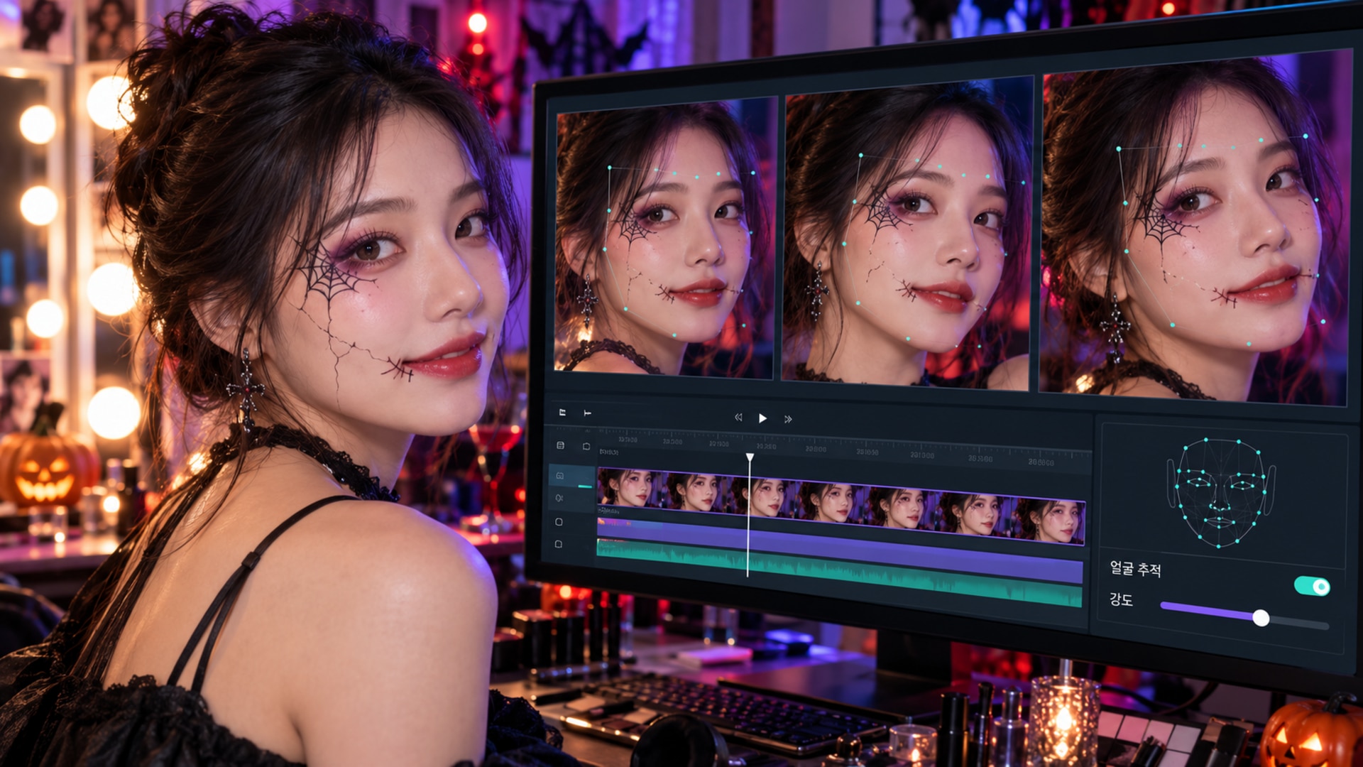얼굴 움직임을 따라가는 할로윈 분장 메이크업 효과