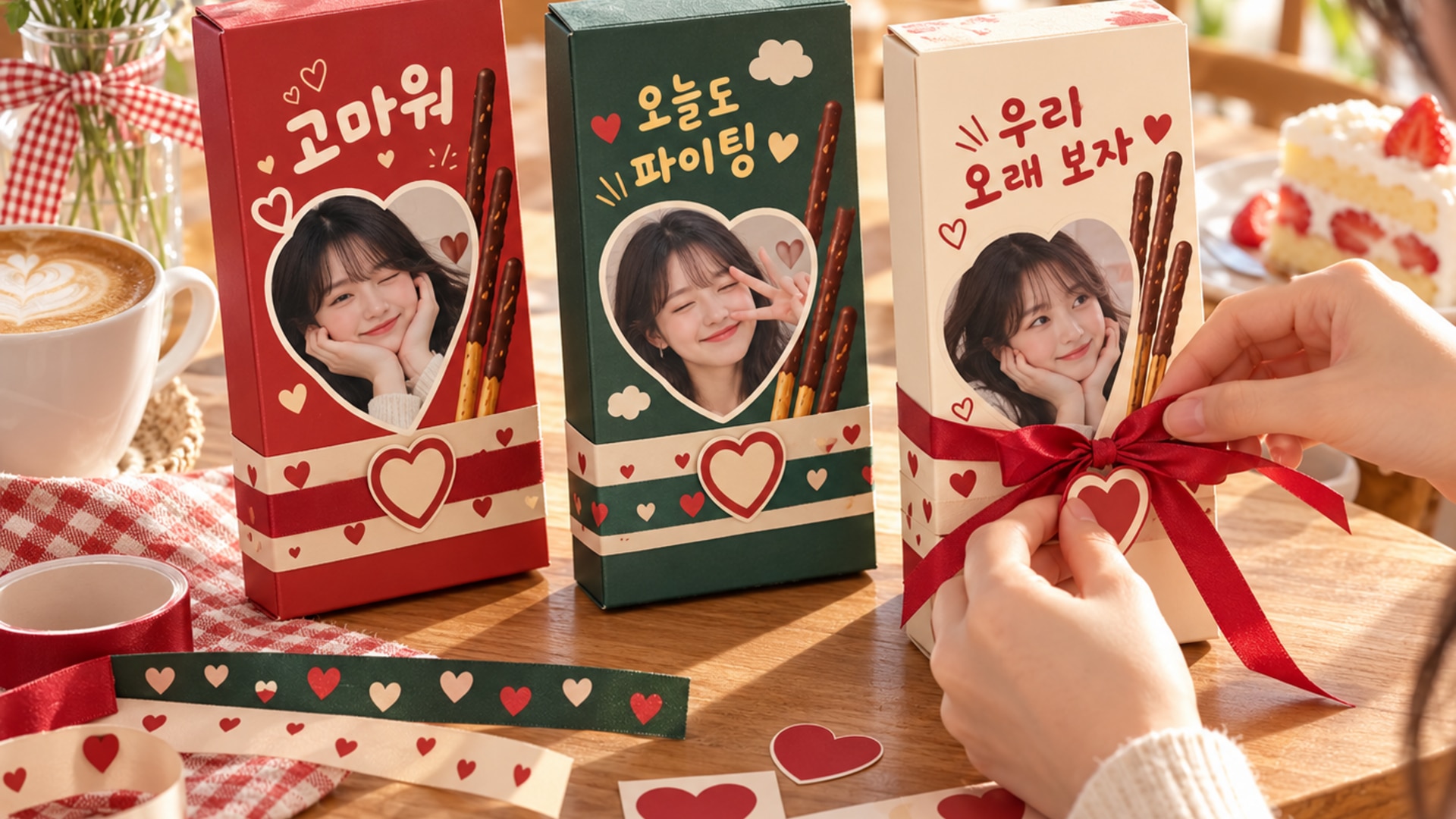통일된 색상과 사진으로 구성한 빼빼로 상자와 라벨 스티커 선물 세트