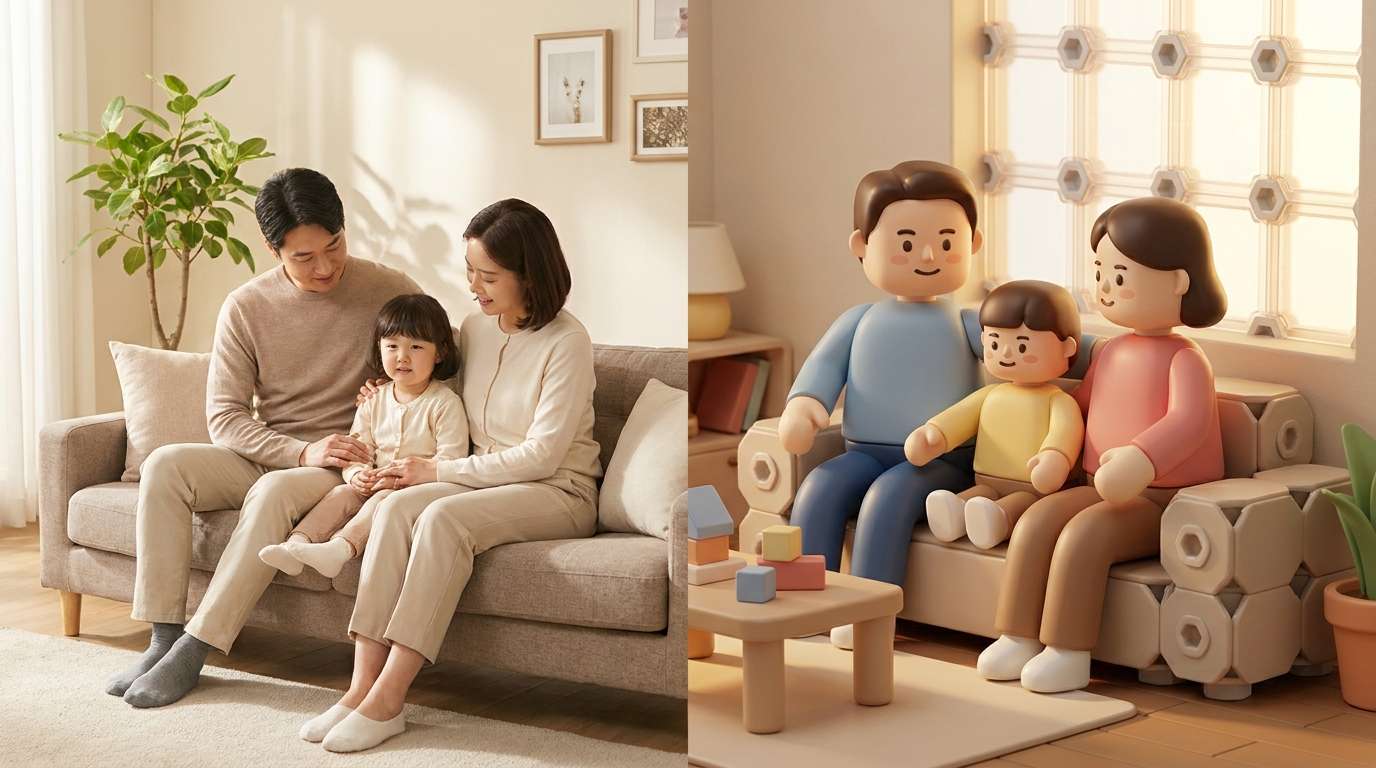 사진을 조립 블록 미니피겨로 변환하는 AI 이미지 생성 예시