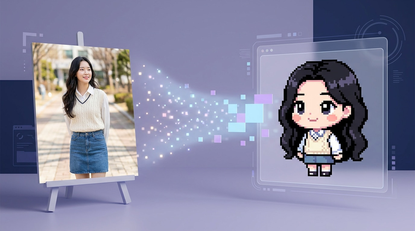 AI 이미지 생성으로 사진을 오리지널 픽셀 캐릭터로 변환하는 장면