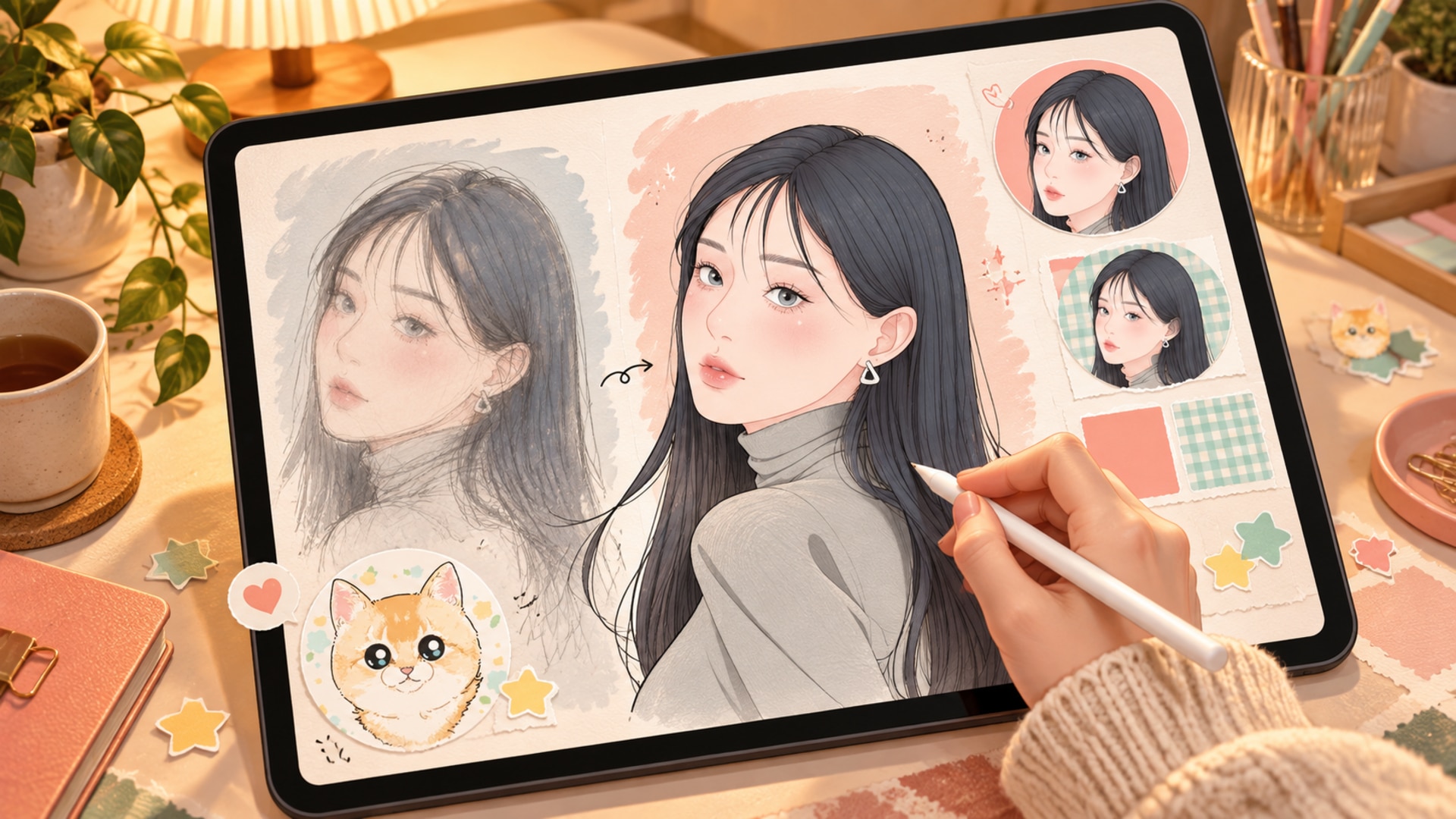 프로필 캐릭터의 얼굴 선과 색감을 보정하고 배경과 스티커를 조합하는 편집 예시