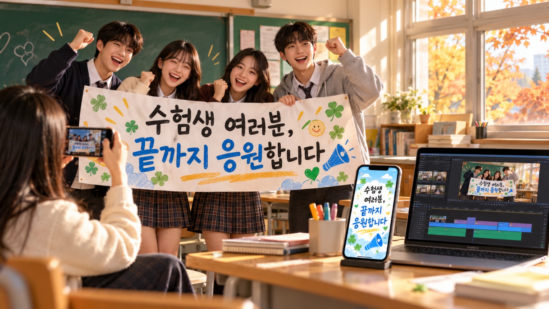 수능 응원 현수막을 학교 응원 영상과 SNS 카드로 확장하는 편집 예시