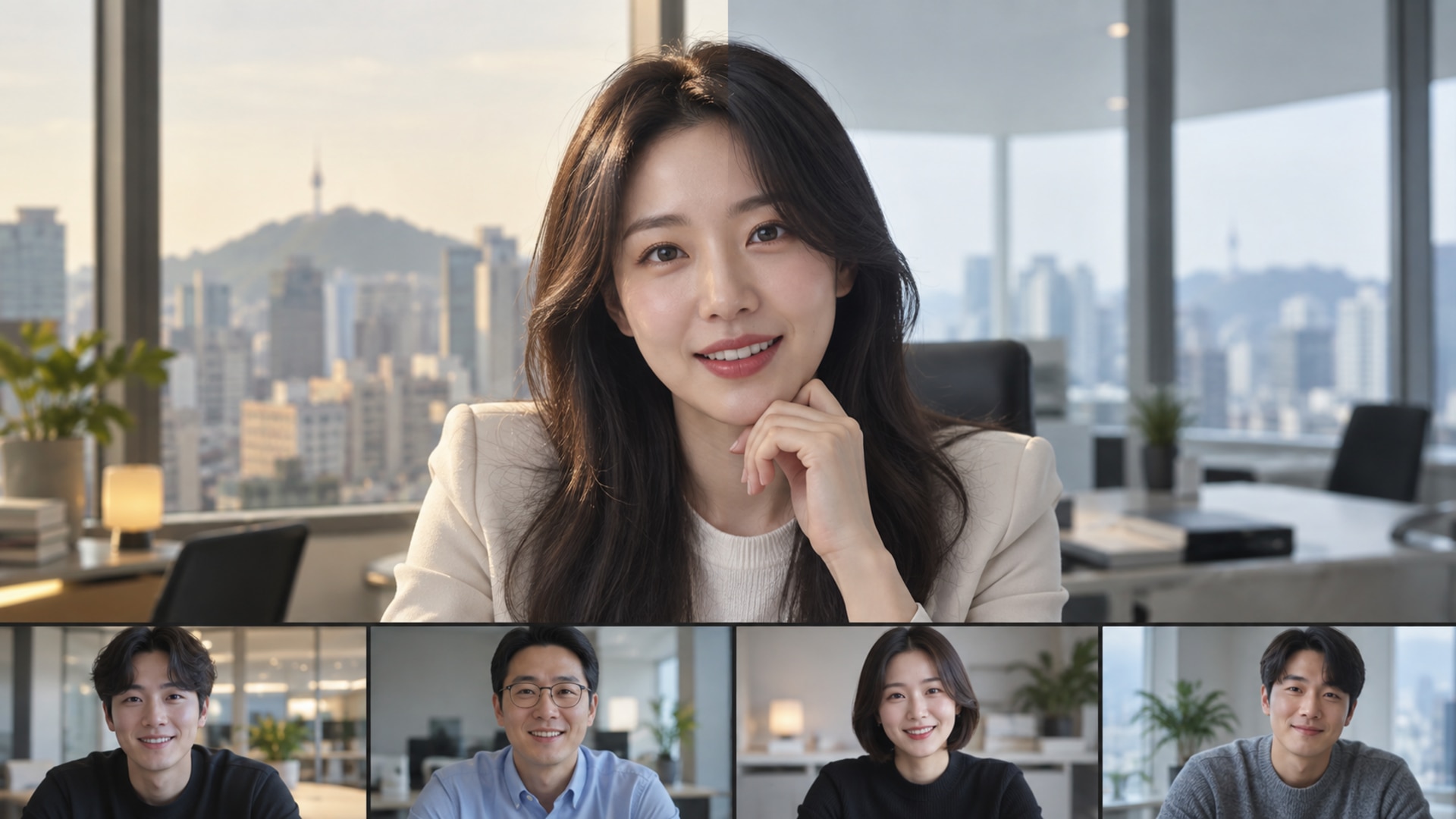 정적인 줌 배경을 자연스럽게 움직이는 가상 배경으로 변환한 예시