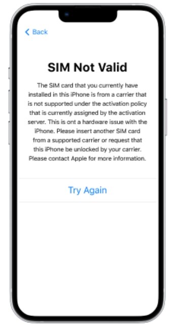 SIM이 유효하지 않습니다 오류 화면