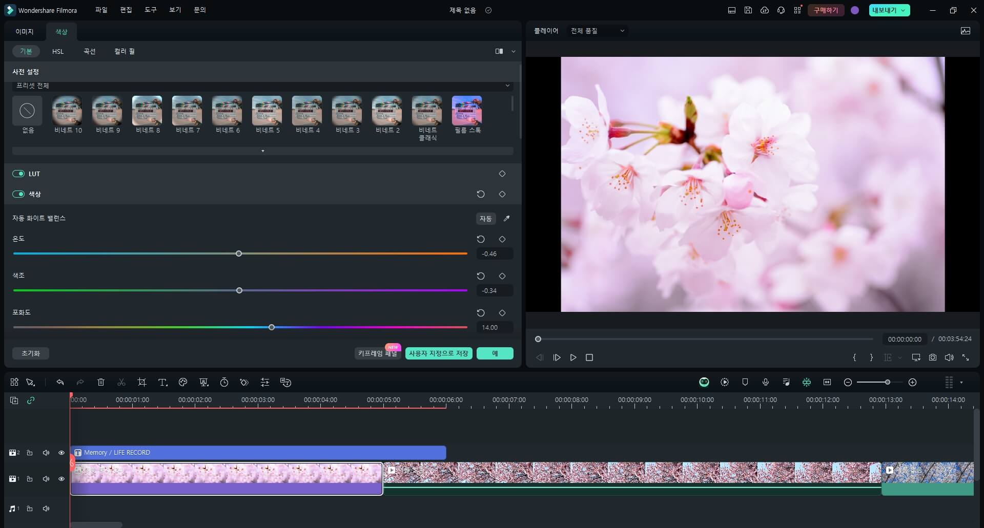 10 벚꽃 구경 영상 편집 - 필모라 색보정