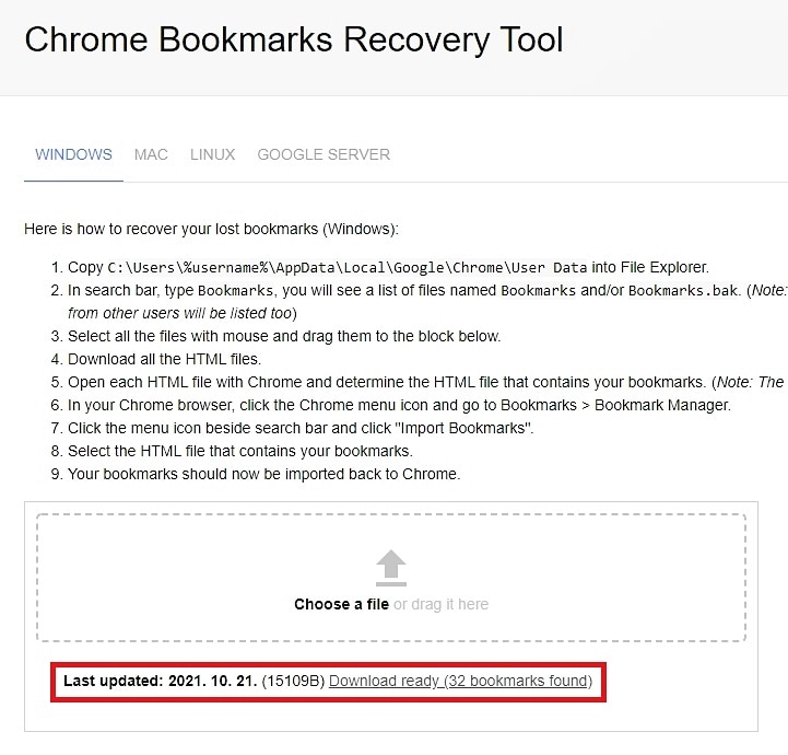 Chrome Bookmarks Recovery Tool